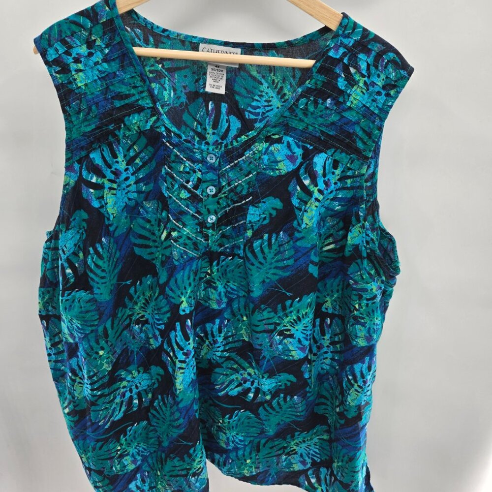Catherines Black Blue Green Tropical Plant Beaded Buttons Cotton Tank 4x 30/32W
